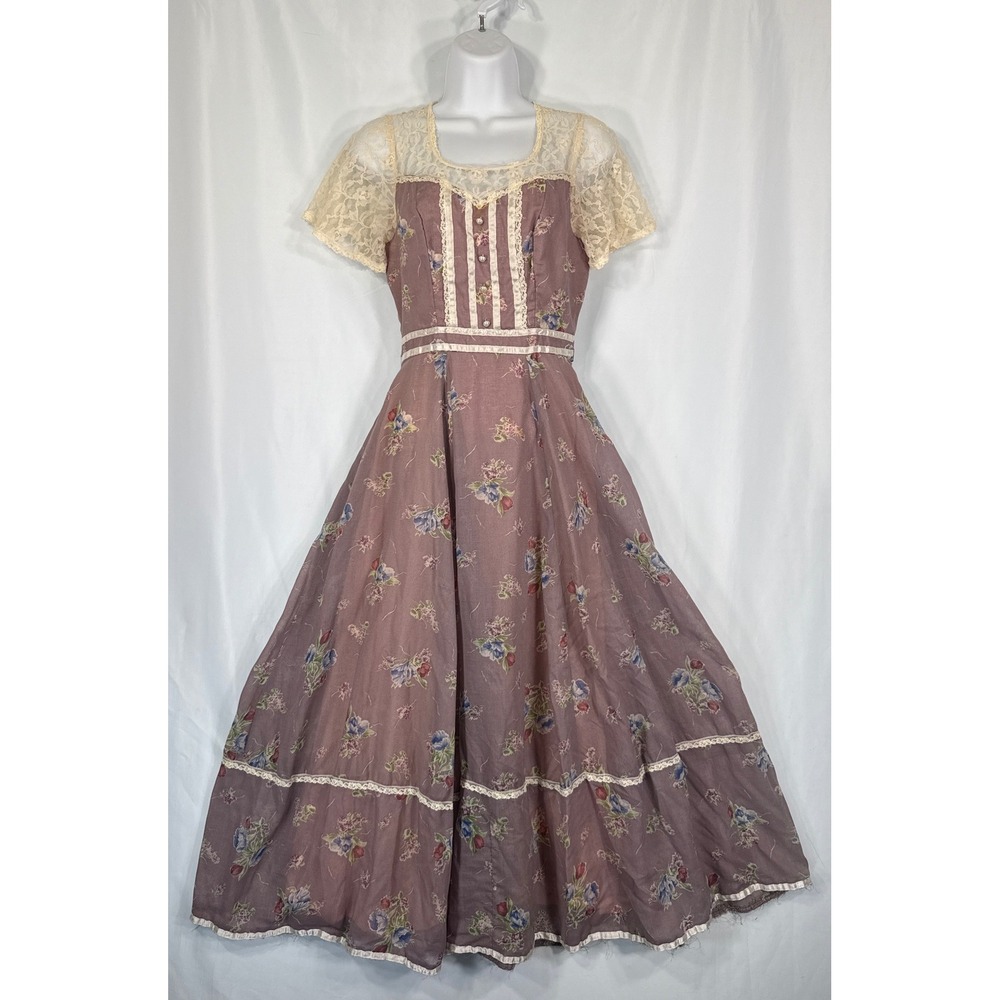 Vintage Gunne Sax Jessica Floral Lace Prairie Maxi Dress Mauve 32 Bust Victorian